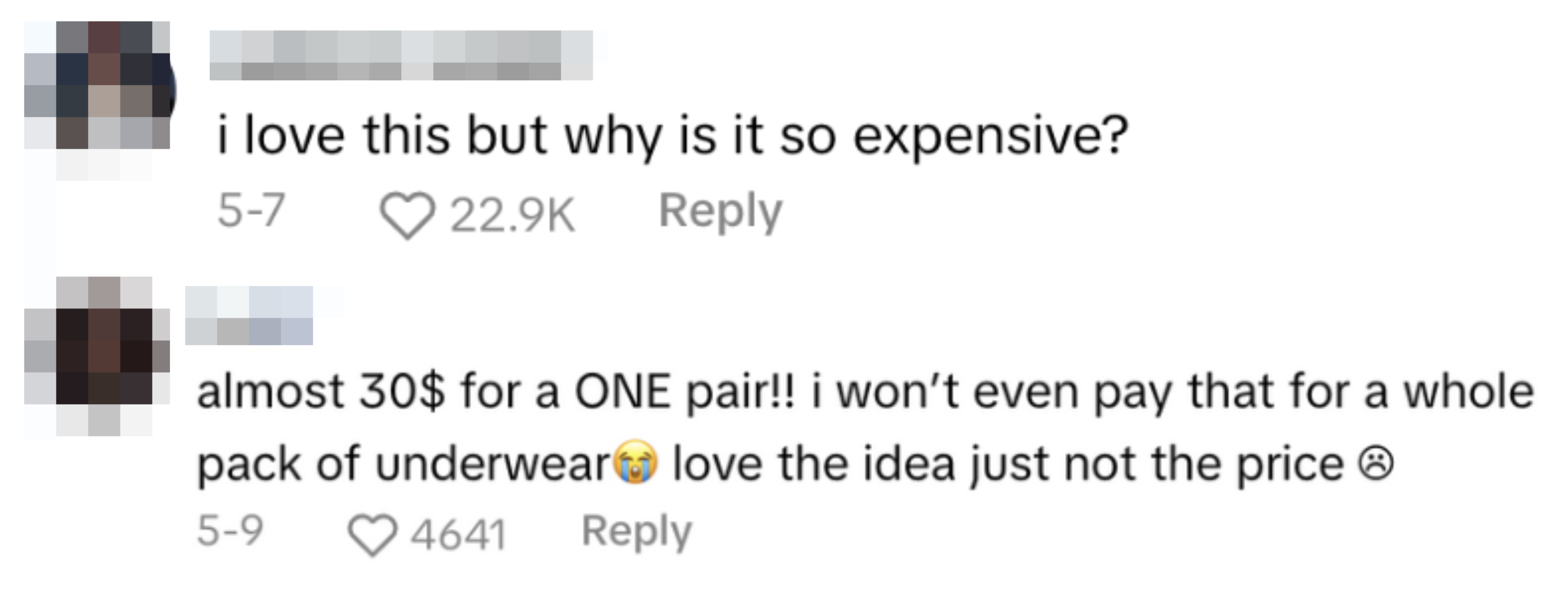 Two comments on a post: Cadence Randall questions why something is expensive; "Nat?" finds $30 too costly for a single item they like but won't buy