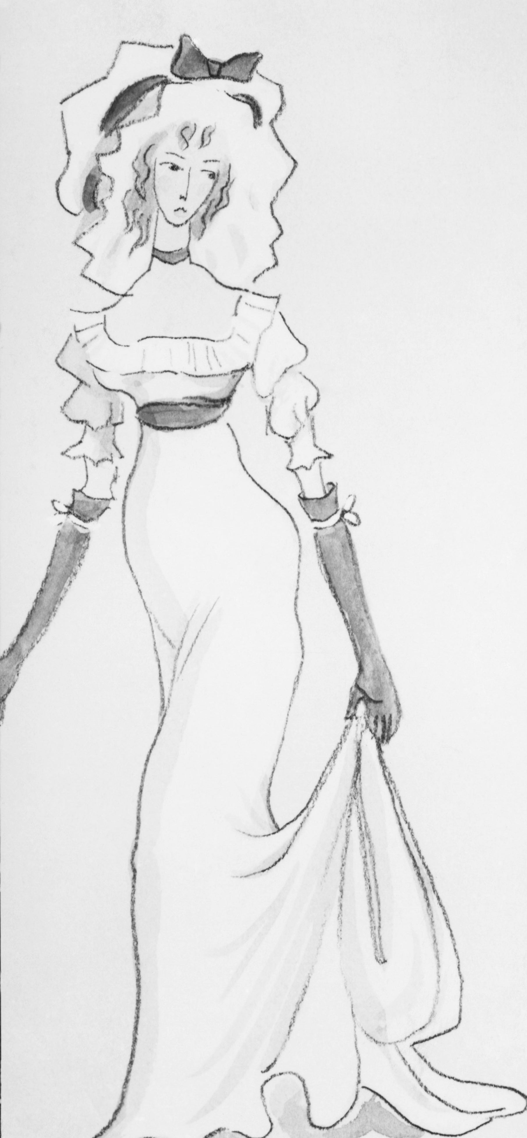 Barbara Streisand in a long, flowing dress with a bonnet, standing beside a sketched drawing of herself in the same outfit