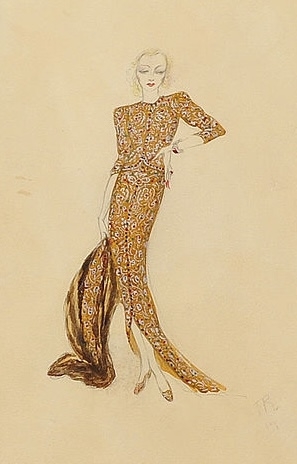 A vintage illustration of a woman in an ornate, floor-length gown with detailed patterns and holding a fur stole