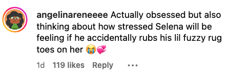 Instagram comment by angelinareneeee: "Actually obsessed but also thinking about how stressed Selena will be feeling if he accidentally rubs his lil fuzzy rug toes on her". Emojis: crying and two hearts. 119 likes