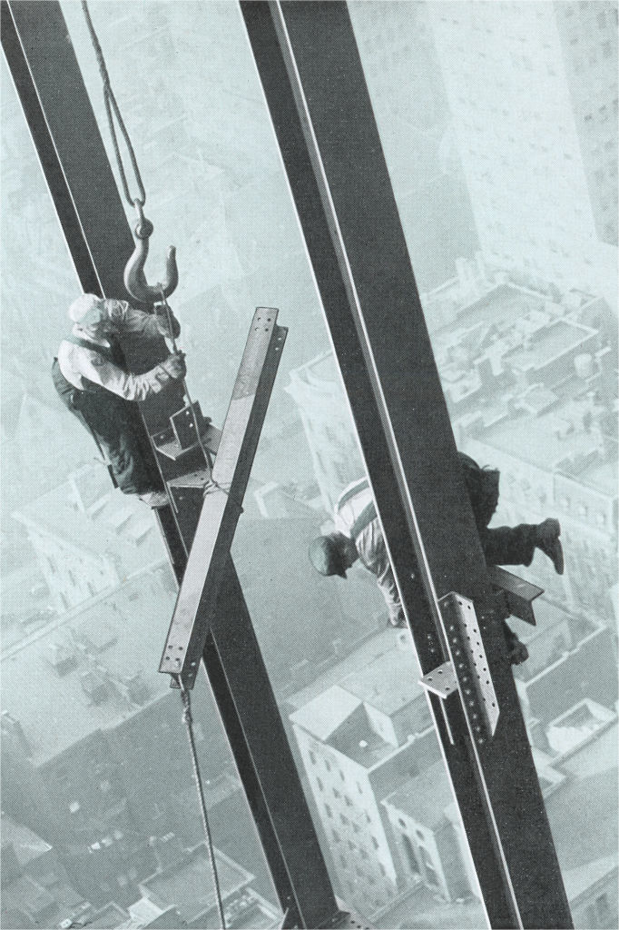 Two construction workers are working on the beams of a tall building. The view shows the cityscape below them