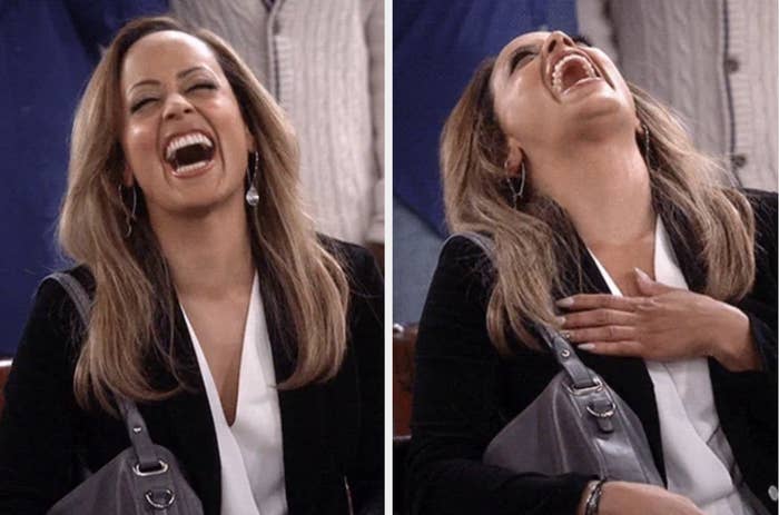 Two-panel image of a woman laughing heartily, first with eyes open and then with her head tilted back and eyes closed. She is dressed in business-casual attire