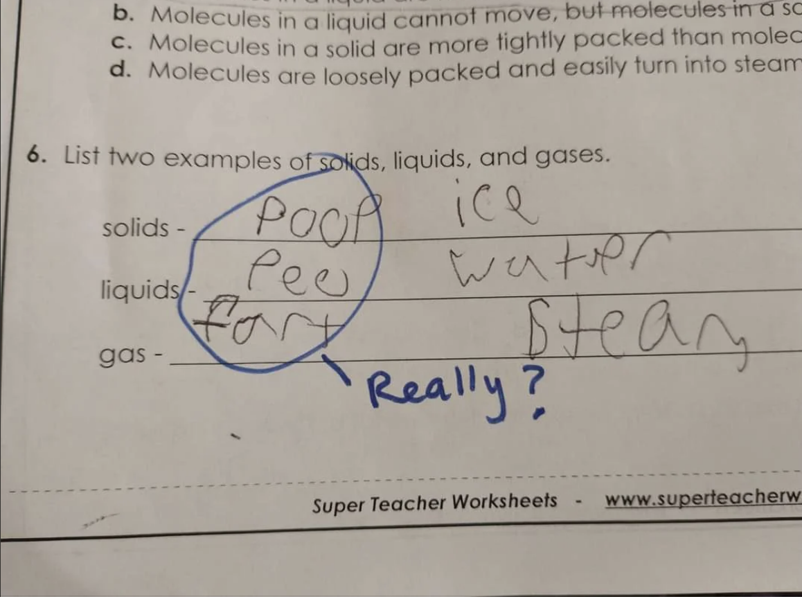 Student's worksheet answer for two examples of solids, liquids, and gases: solids - poop, pee, fart; liquids - pee, water; gas - steam. Teacher comment: Really?