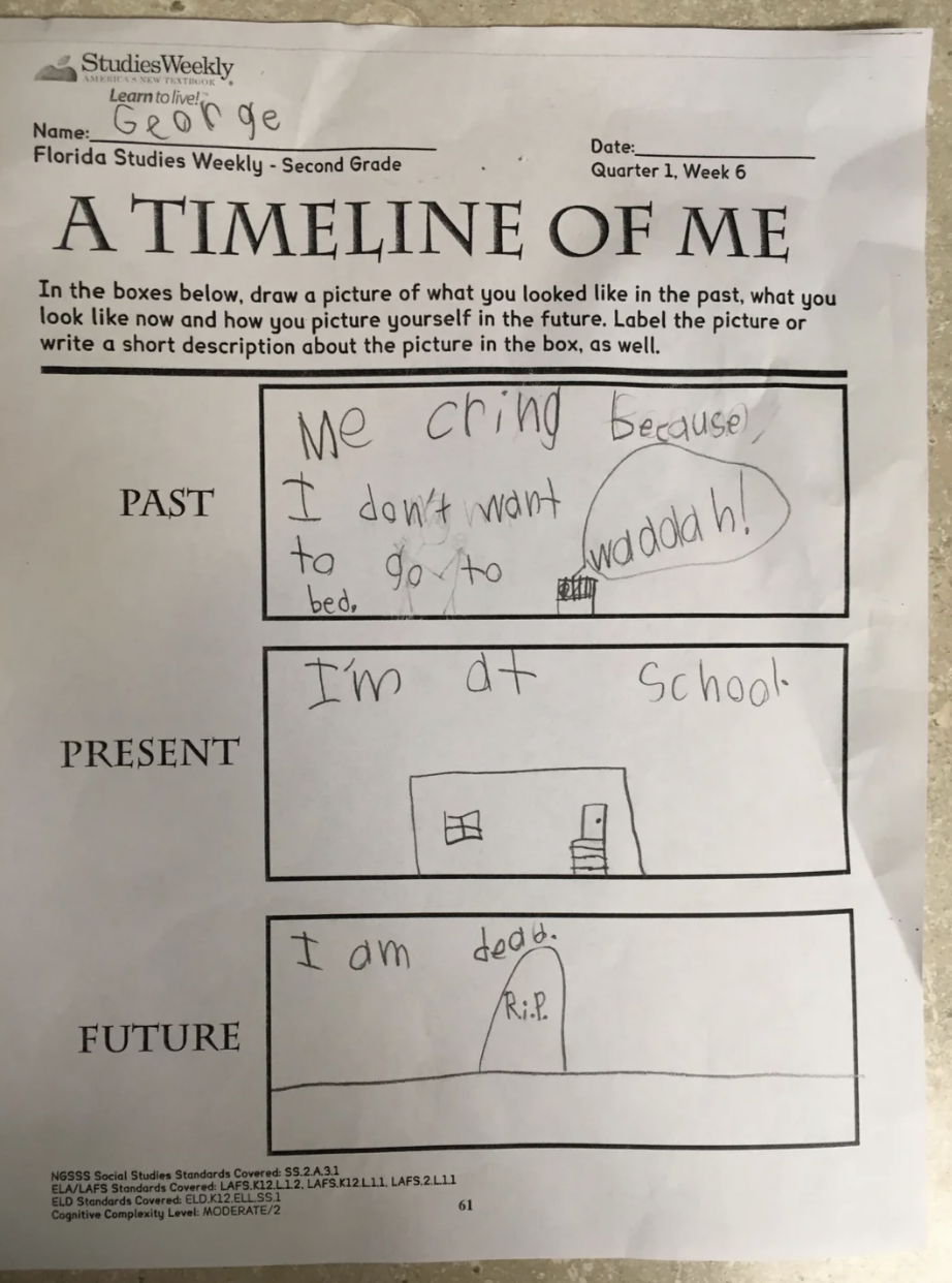 A child's "Timeline of Me" schoolwork shows past: crying, didn't want to go to bed; present: at school; future: dead with "R.I.P." marked on the grave