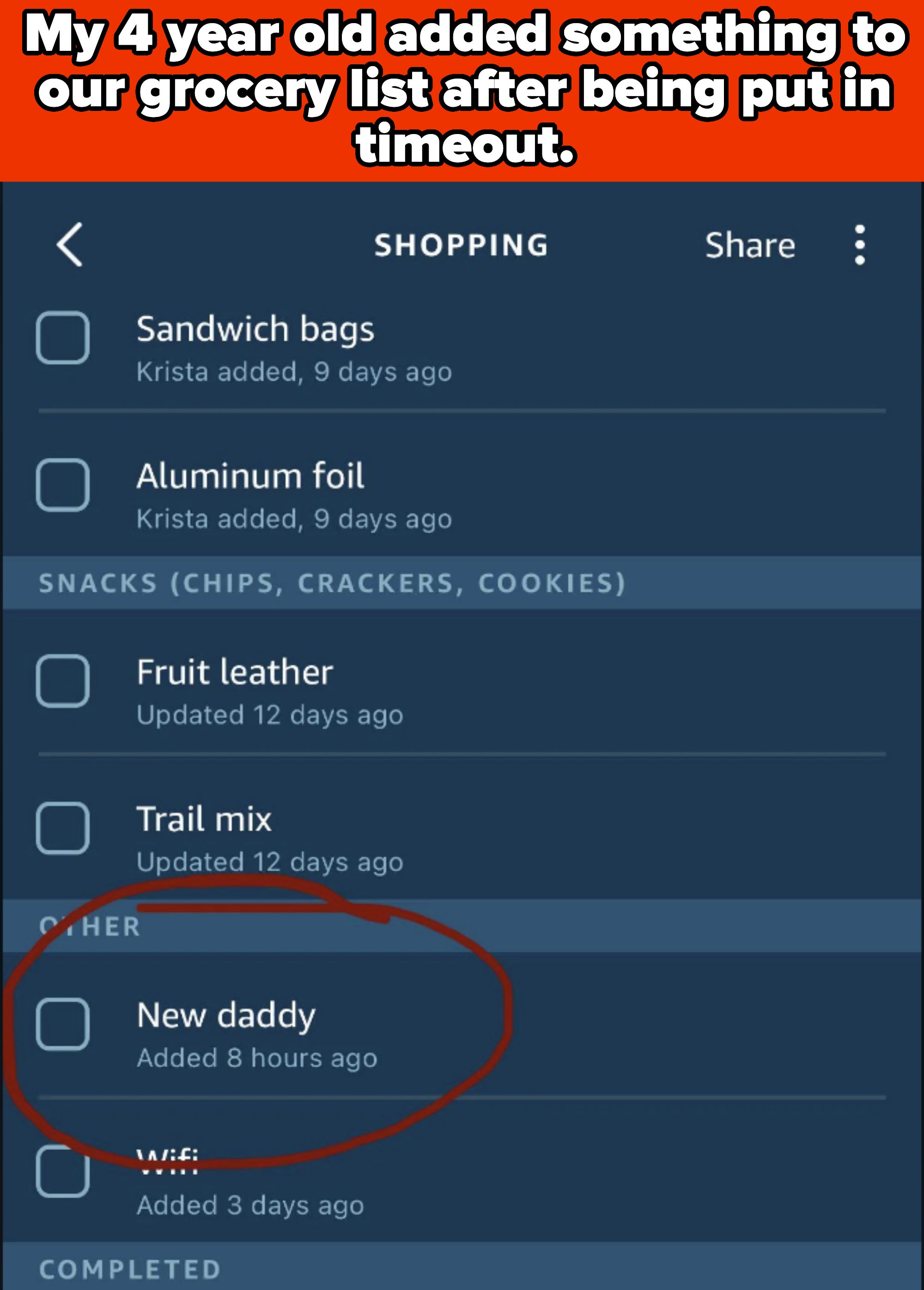 A screenshot of a shopping list app, with "New daddy" item added 8 hours ago circled in red. Other list items include sandwich bags, aluminum foil, fruit leather, and trail mix