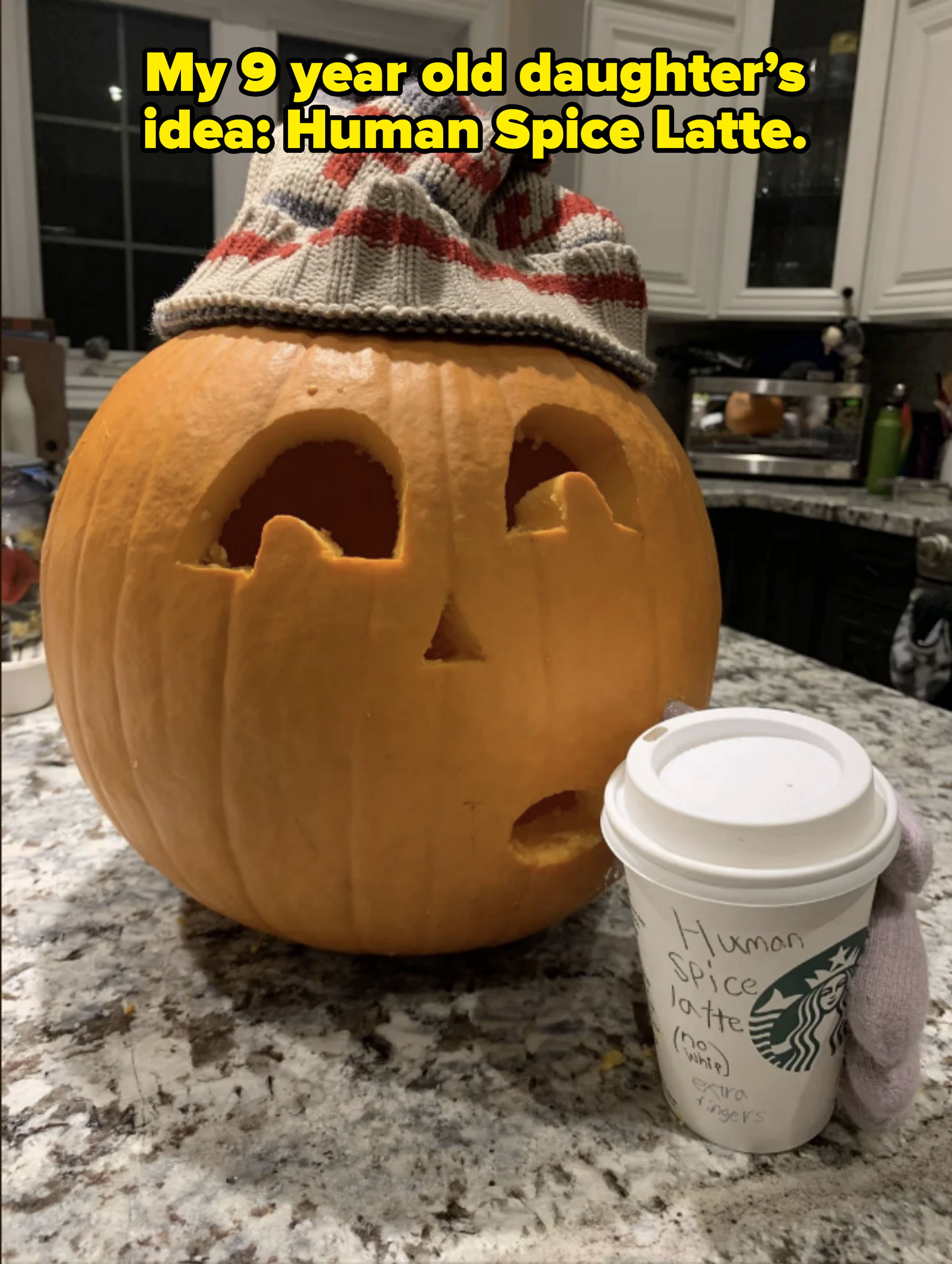 A carved pumpkin with a sleepy expression wears a knit hat. A Starbucks cup next to it has a handwritten label reading "Human Spice Latte."