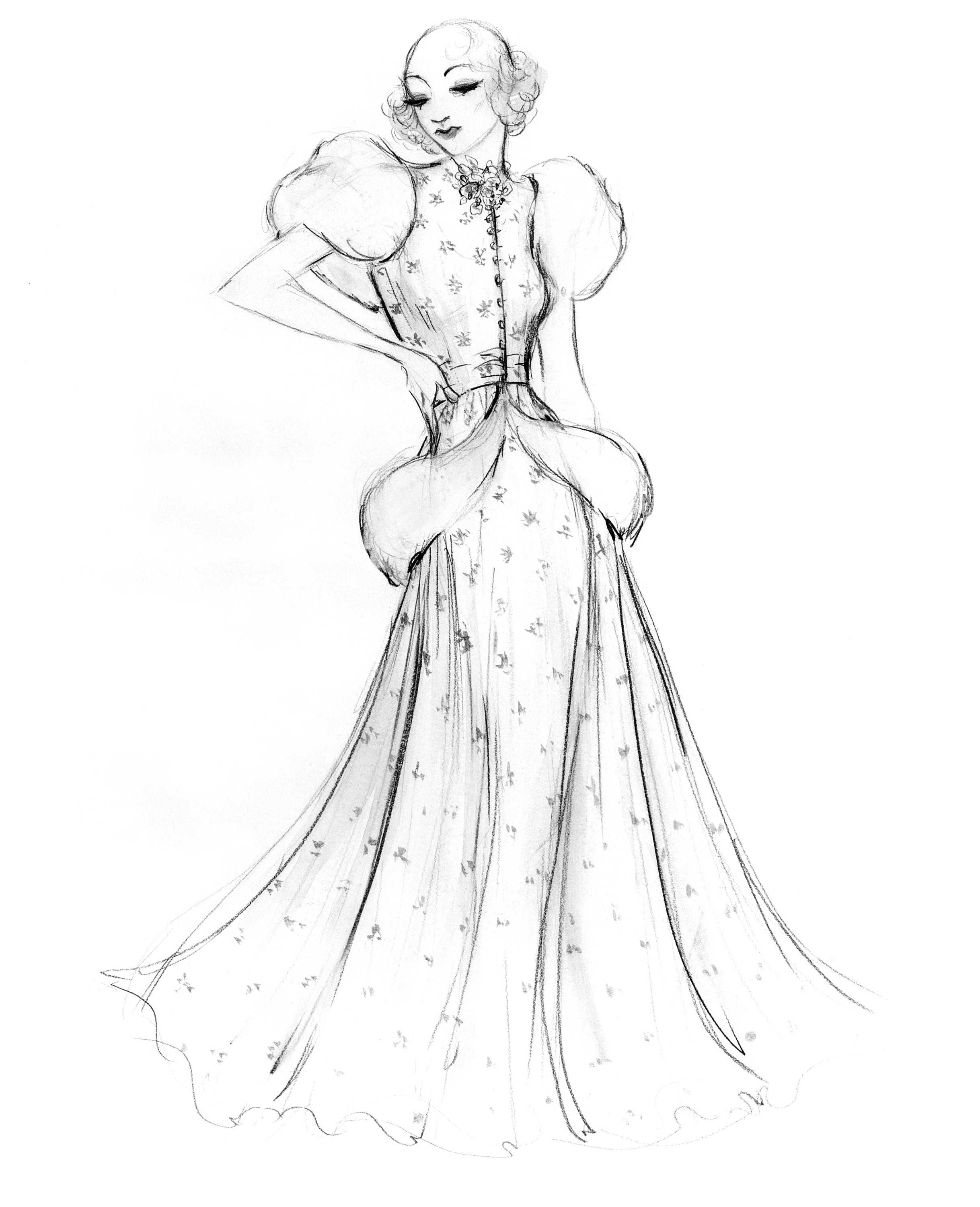 Sketch of a woman in a long, elegant dress with puffed sleeves and intricate detailing. The dress has a fitted bodice and flows into a full skirt