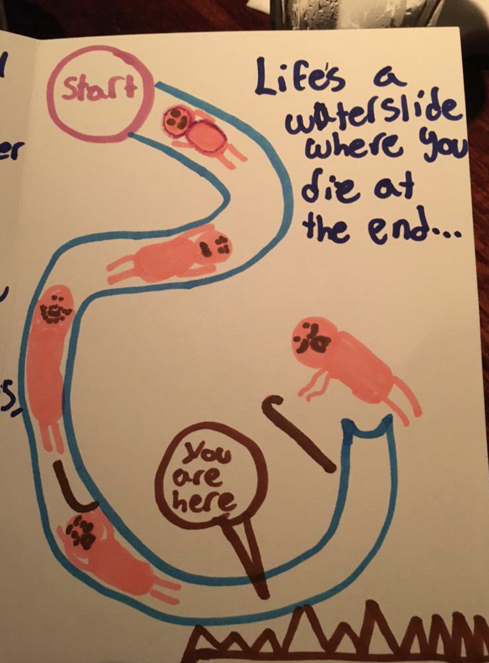 Drawing of a waterslide with people, labeled "You are here" near the end, and text that reads, "Life's a waterslide where you die at the end…"