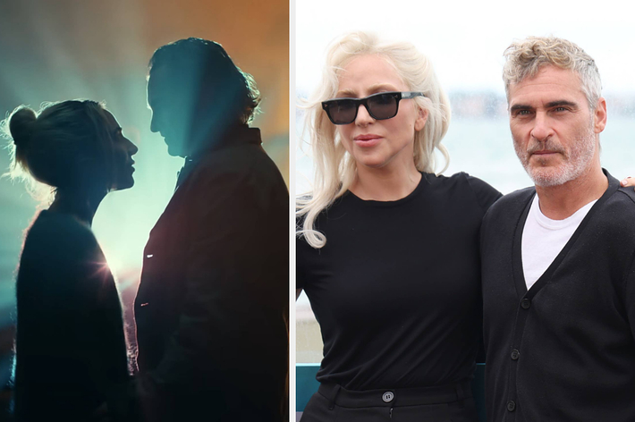 Lady Gaga and Joaquin Phoenix side by side. Left: silhouette of the two facing each other. Right: posing together, Lady Gaga in black, Phoenix in a cardigan