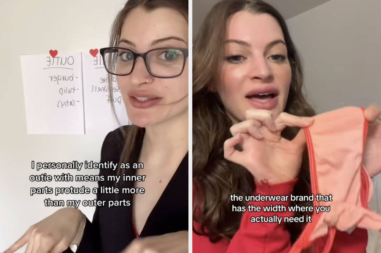 Left: A woman explains what it means to identify as an outie, noting that her inner parts protrude more than her outer parts. Right: The same woman talks about underwear designed with proper width
