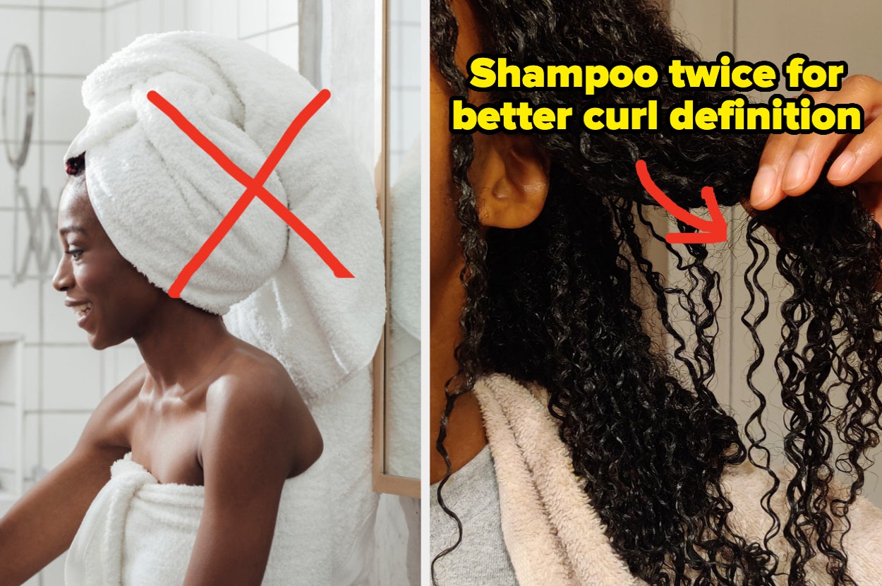 On the left: A woman drying her hair with a towel, which is crossed-out; On the right: A person shows their curly hair, suggesting to shampoo twice for better definition