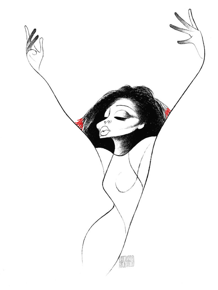 An abstract drawing of a woman with closed eyes and raised arms by artist Hirschfeld. She has long hair and a serene expression