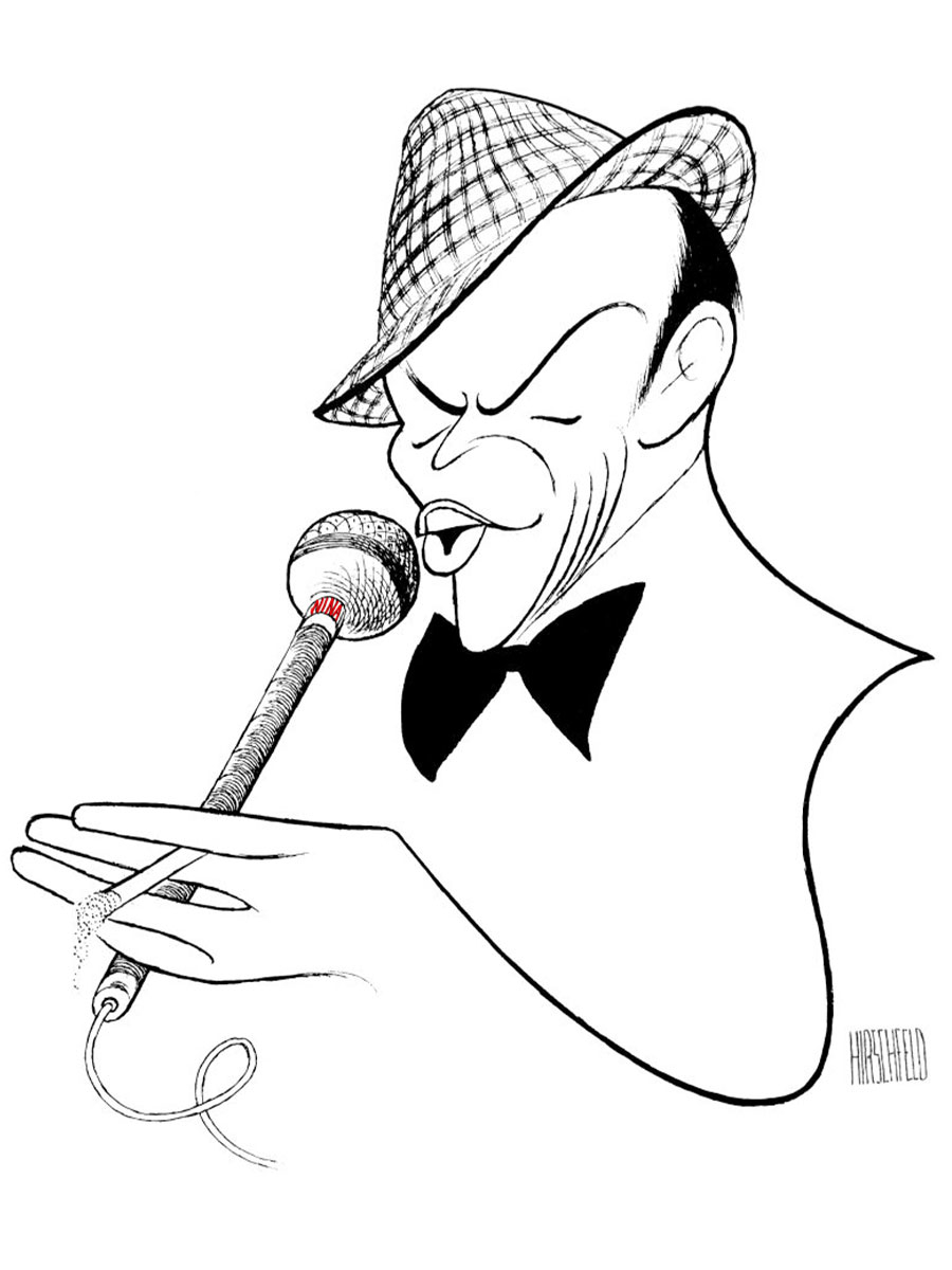 Caricature drawing of Frank Sinatra, wearing a checkered hat and bow tie, singing into a microphone
