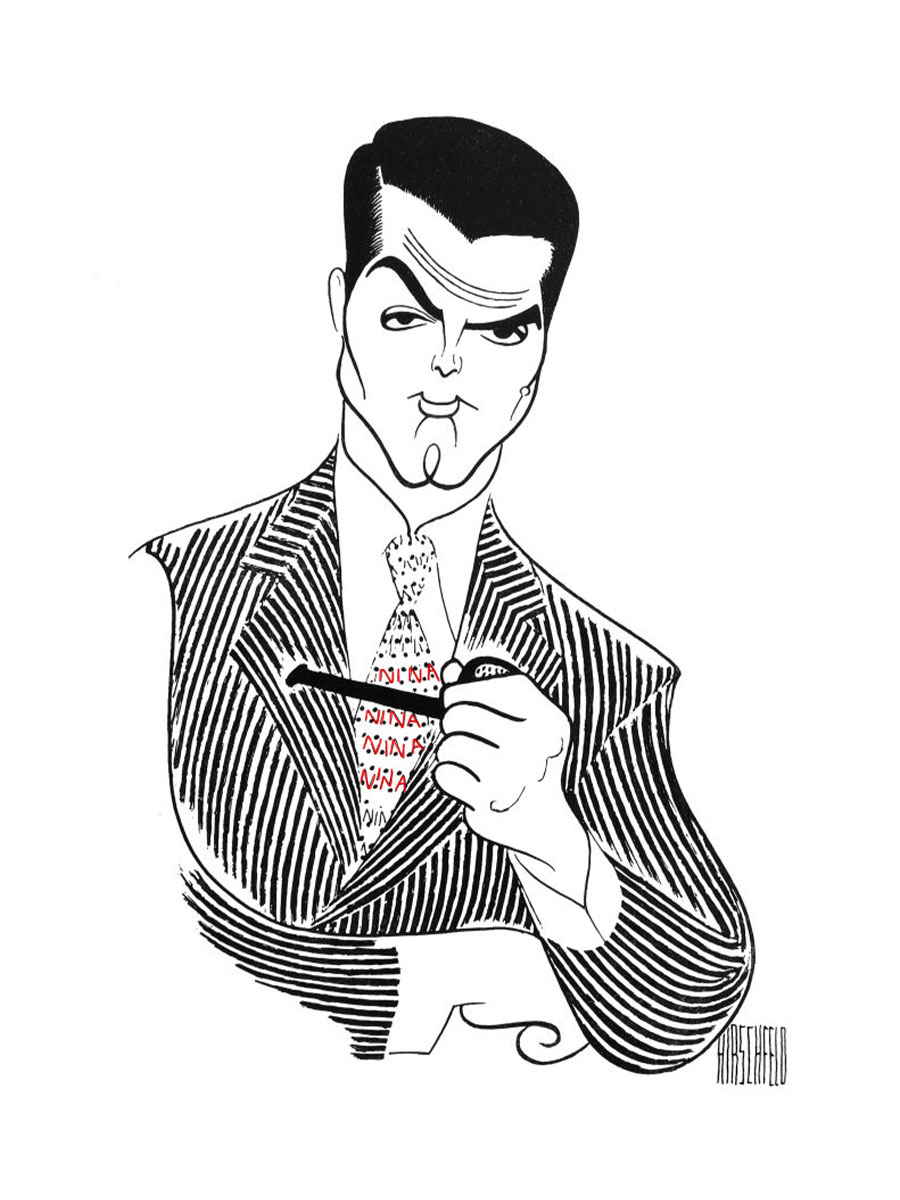 Caricature of a man in a pinstripe suit with a fedora, holding a pipe. The tie has the word "Newsweek" written repeatedly. Illustration by Hirschfeld