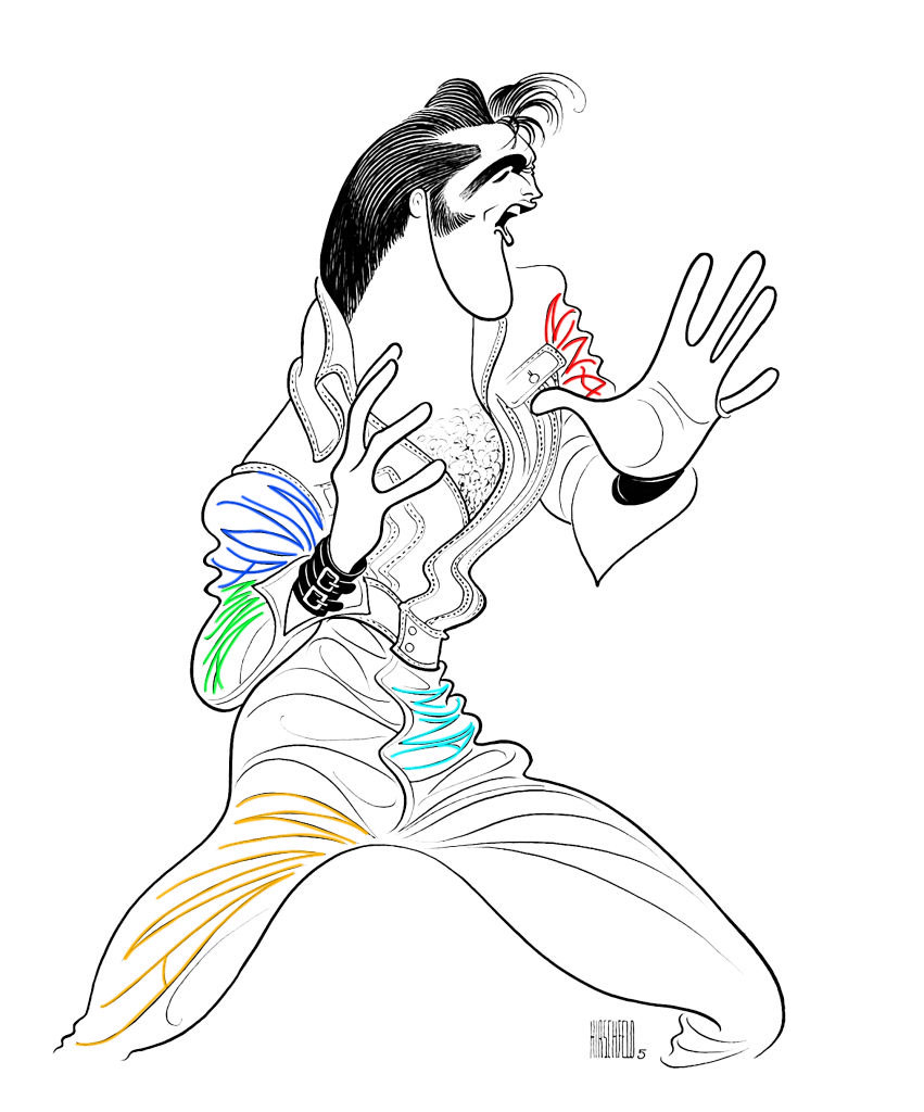 Stylized caricature of Elvis Presley in a dynamic pose with exaggerated features and detailed clothing