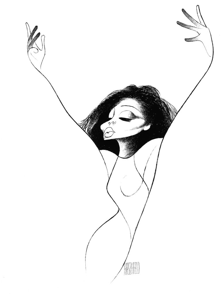 Stylized illustration of a woman with exaggerated features and long flowing hair, drawn with fluid lines by Al Hirschfeld