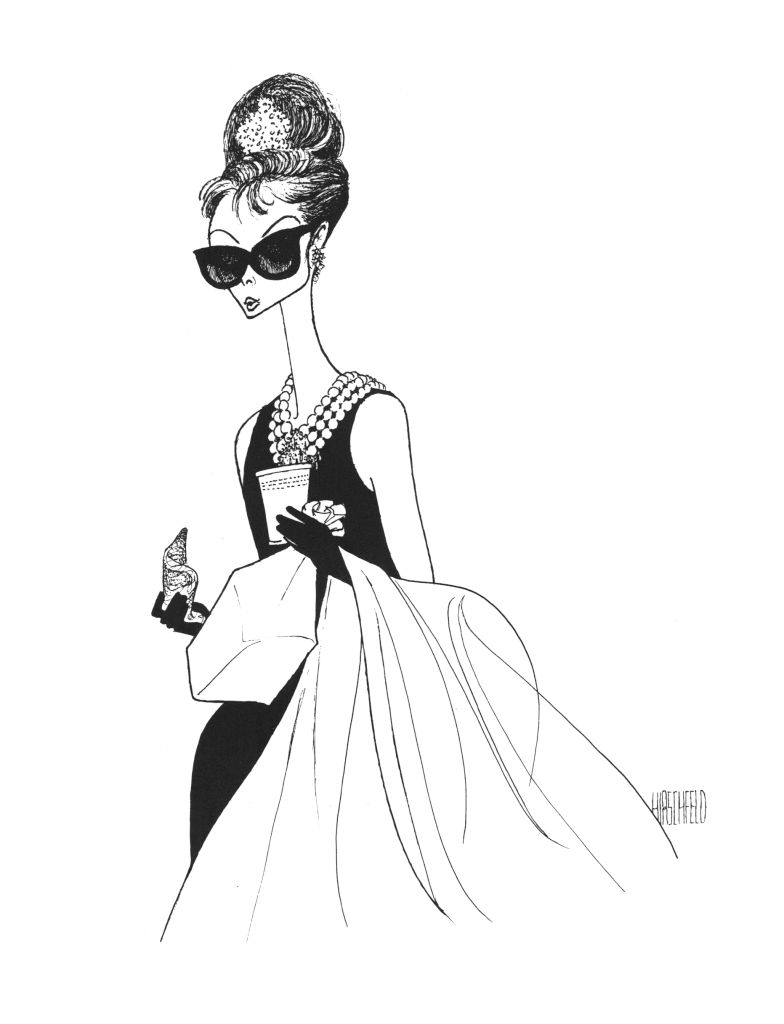 Cartoon drawing of Audrey Hepburn as Holly Golightly from "Breakfast at Tiffany's" wearing a glamorous dress, long gloves, a pearl necklace, a tiara, and sunglasses