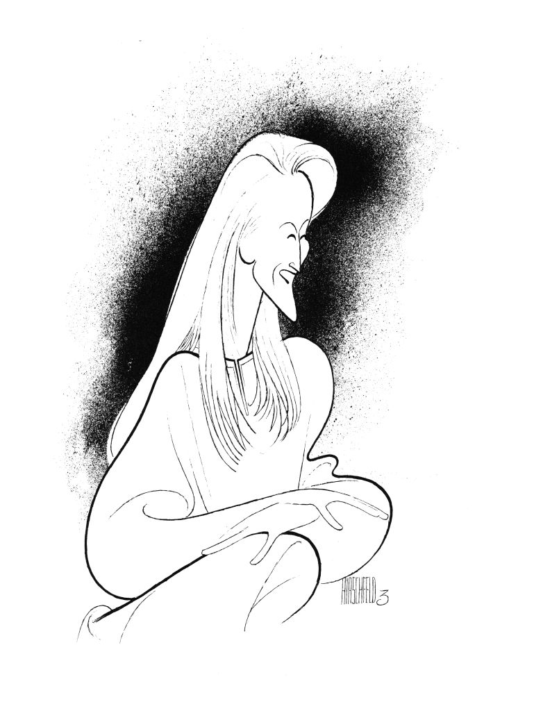 A black and white artistic illustration of a smiling Meryl Streep, depicted with long flowing hair and wearing a draped outfit with abstract lines