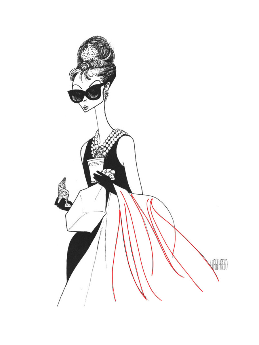 Audrey Hepburn illustration wearing a chic dress, long gloves, sunglasses, and an elaborate updo, holding a long cigarette holder