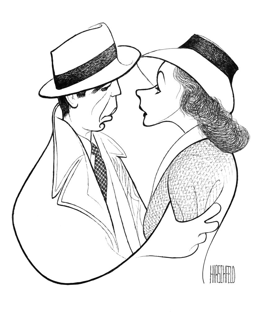 Cartoon of Humphrey Bogart and Ingrid Bergman embracing, both in trench coats and hats, with serious expressions