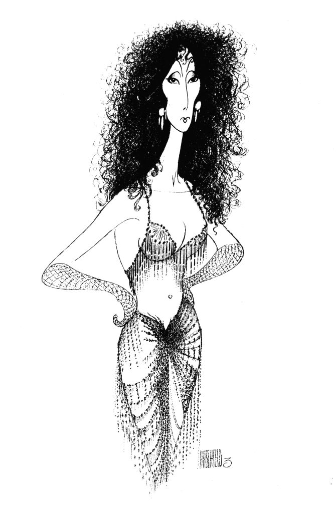 Cartoon of Cher with curly hair, a beaded outfit, and arm gloves, striking a confident pose