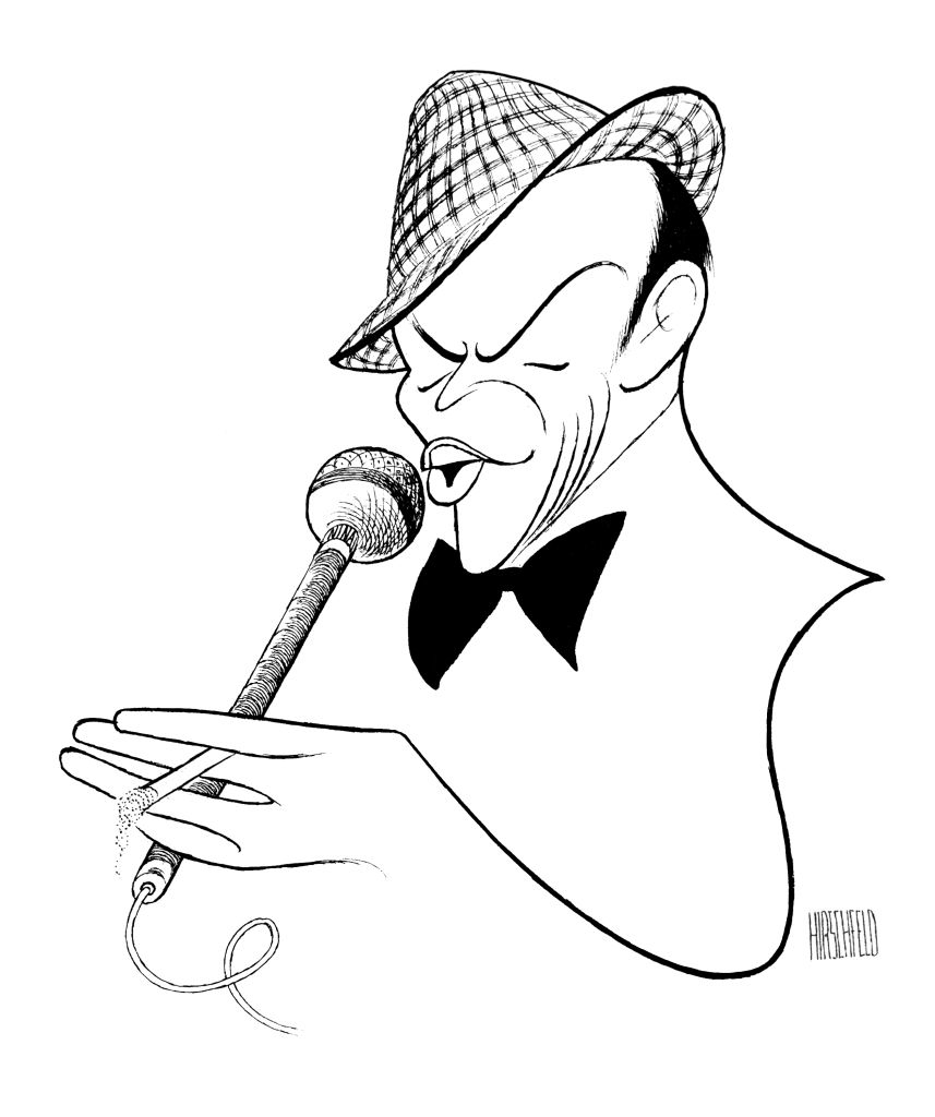 Caricature of Frank Sinatra singing into a microphone while wearing a hat and bow tie