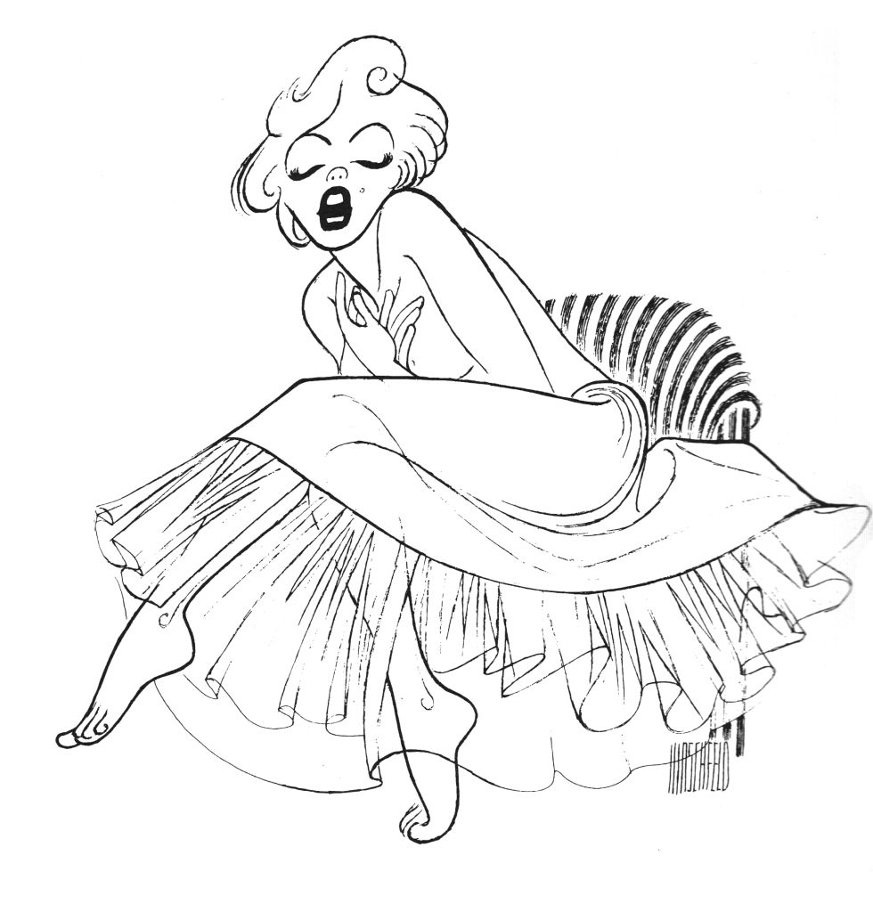 Line drawing of a woman in an expressive pose, clutching her chest with one hand and her dress swirling around her legs