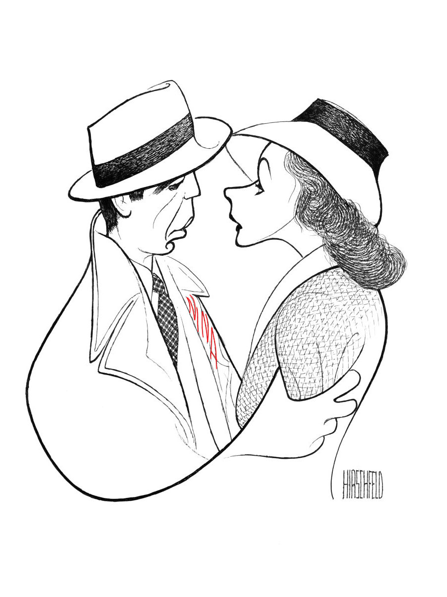 Humphrey Bogart and Ingrid Bergman are depicted in a stylized, black-and-white caricature drawing by Hirschfeld, portraying a moment from the film "Casablanca."