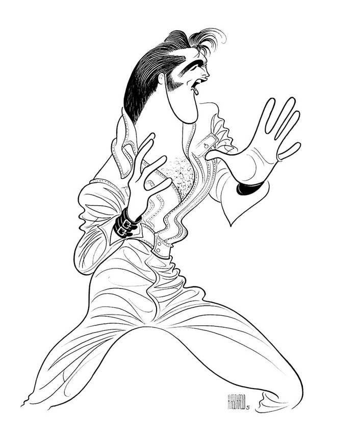 Cartoon caricature of Elvis Presley performing, with exaggerated features and expressive pose