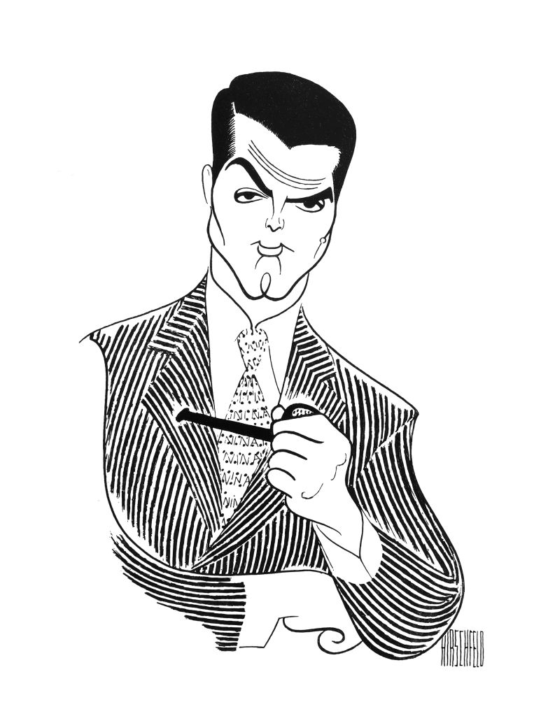 Caricature of Cary Grant in a pinstripe suit, holding a cigarette, with an exaggerated expression. Artwork by Al Hirschfeld