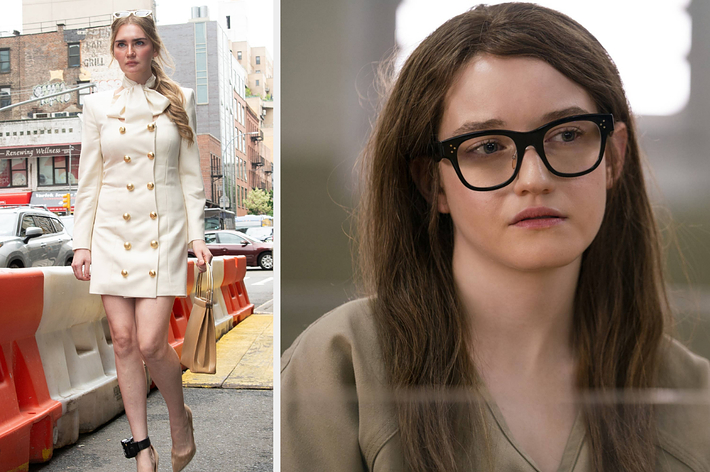 Julia Garner on a city street wearing a cream dress and headband; and a close-up of Julia Garner with glasses and brown hair from TV series "Inventing Anna."