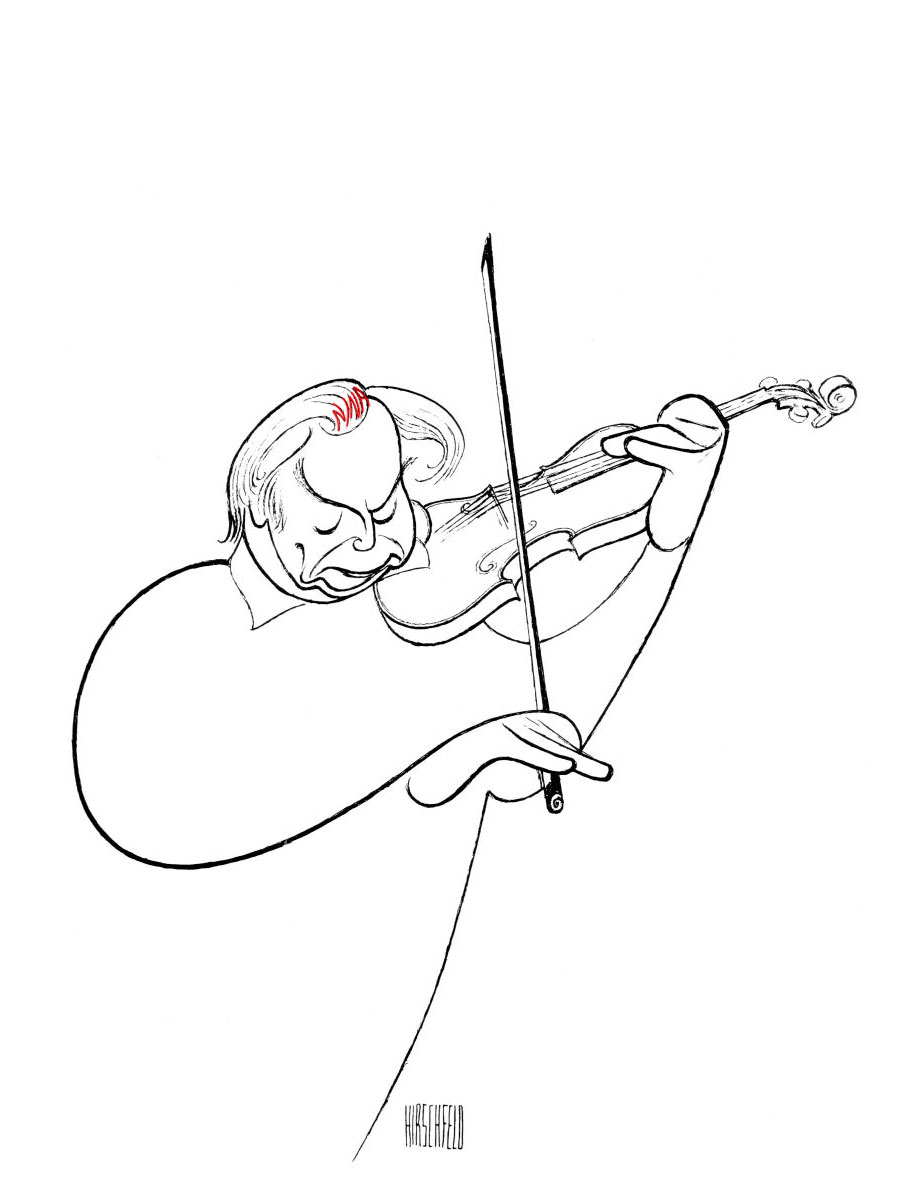 Illustration of a man playing the violin, depicted with exaggerated facial features and a focused expression