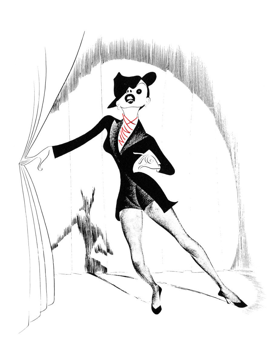 Liza Minnelli illustration in a stylish stage outfit, standing poised between curtains