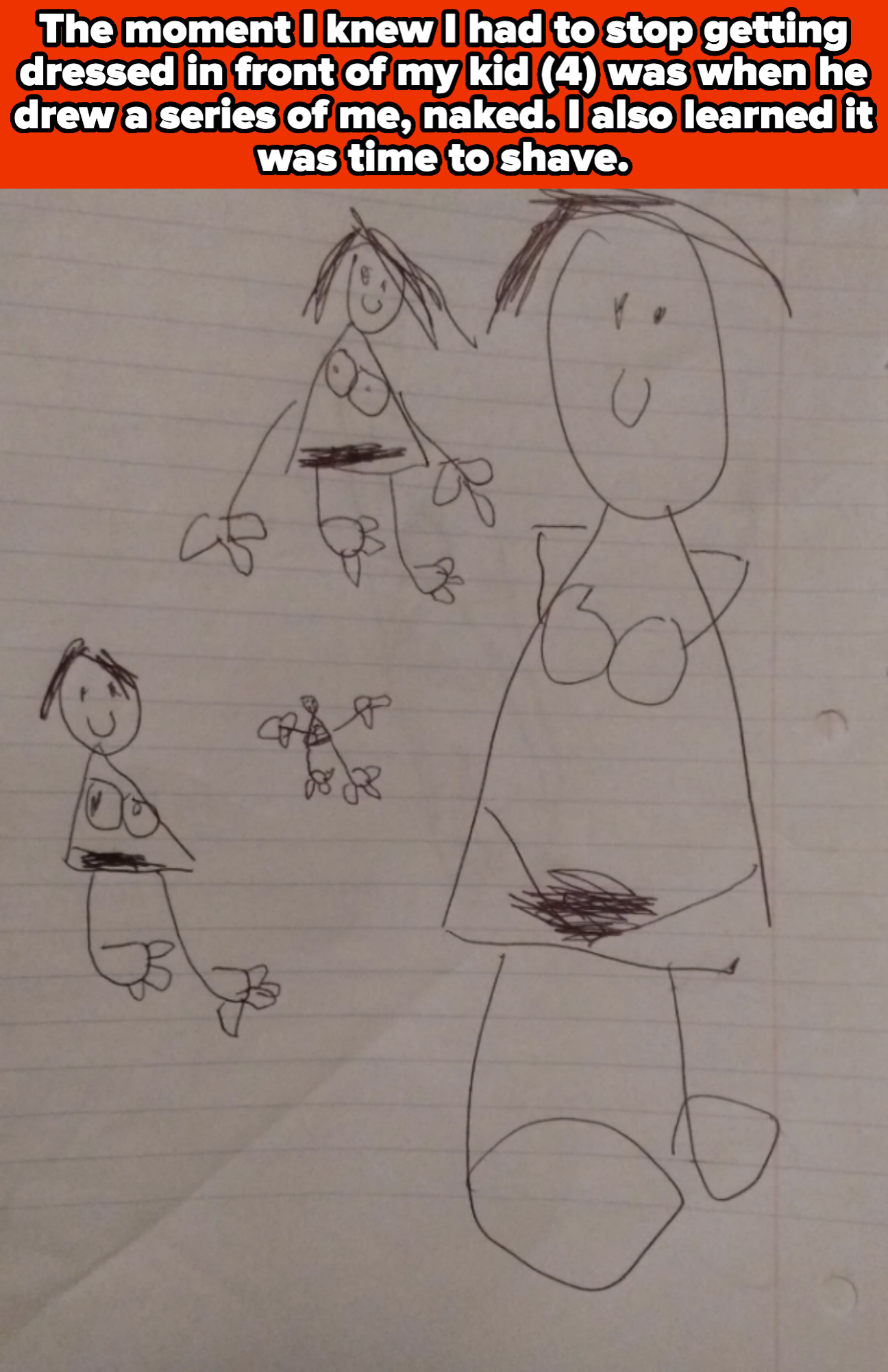 Three explicit doodles of women with scribbles over their crotch to represent hair