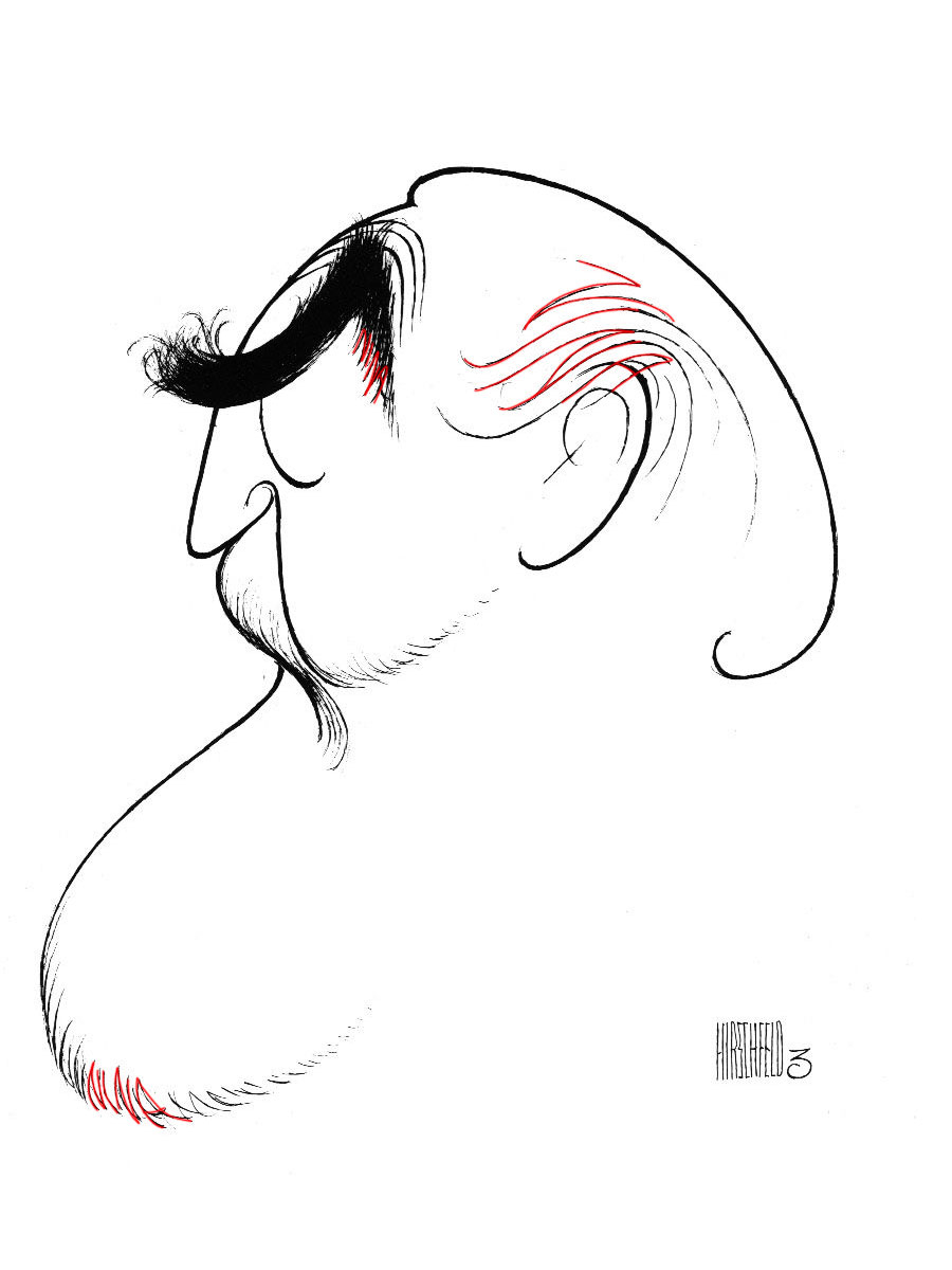 Caricature of an older man with pronounced eyebrows, mustache, and beard, drawn by artist Hirschfeld