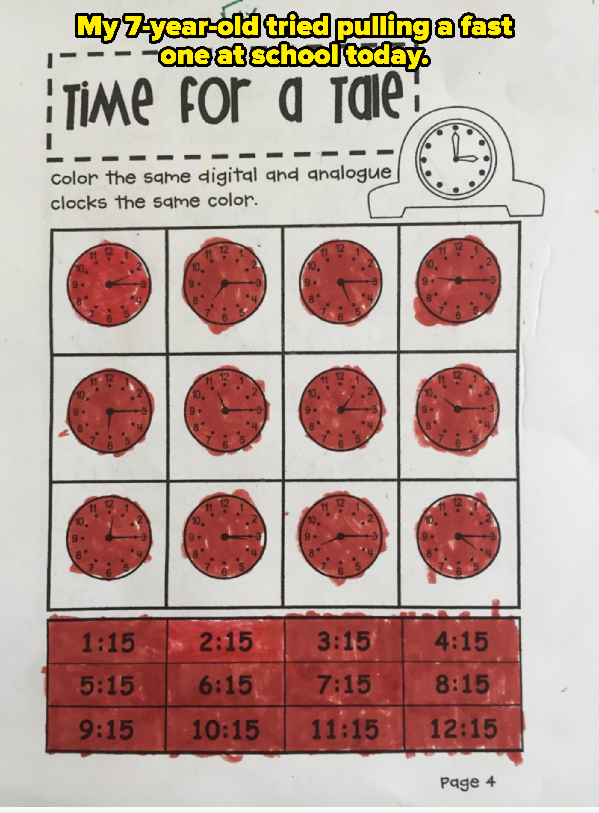 Worksheet asking to color the same digital and analog clocks the same color, with all clocks colored in one color