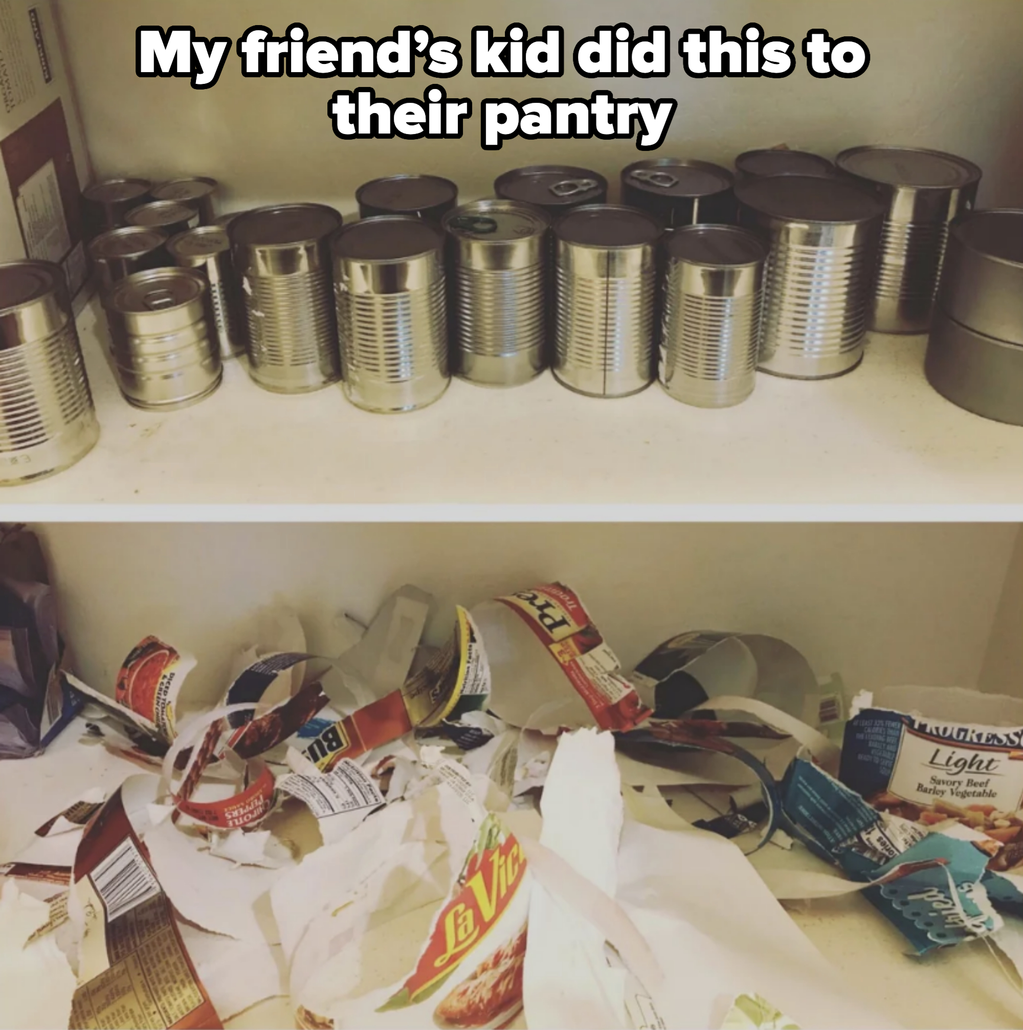 Top shelf with neatly organized canned goods. Bottom shelf with disorganized, torn-open packaging and product labels. No visible people in the image