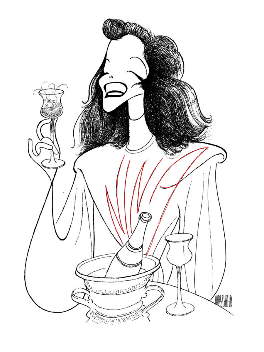 Caricature of a smiling woman with wavy hair holding a drink, with a bottle in an ice bucket and a glass on the table