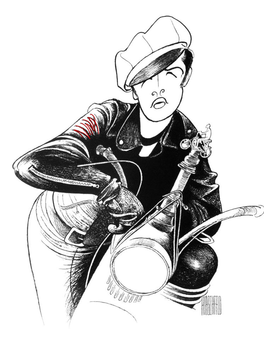 Drawing of Marlon Brando in a tough pose, wearing a leather jacket and cap, holding a motorcycle handlebar