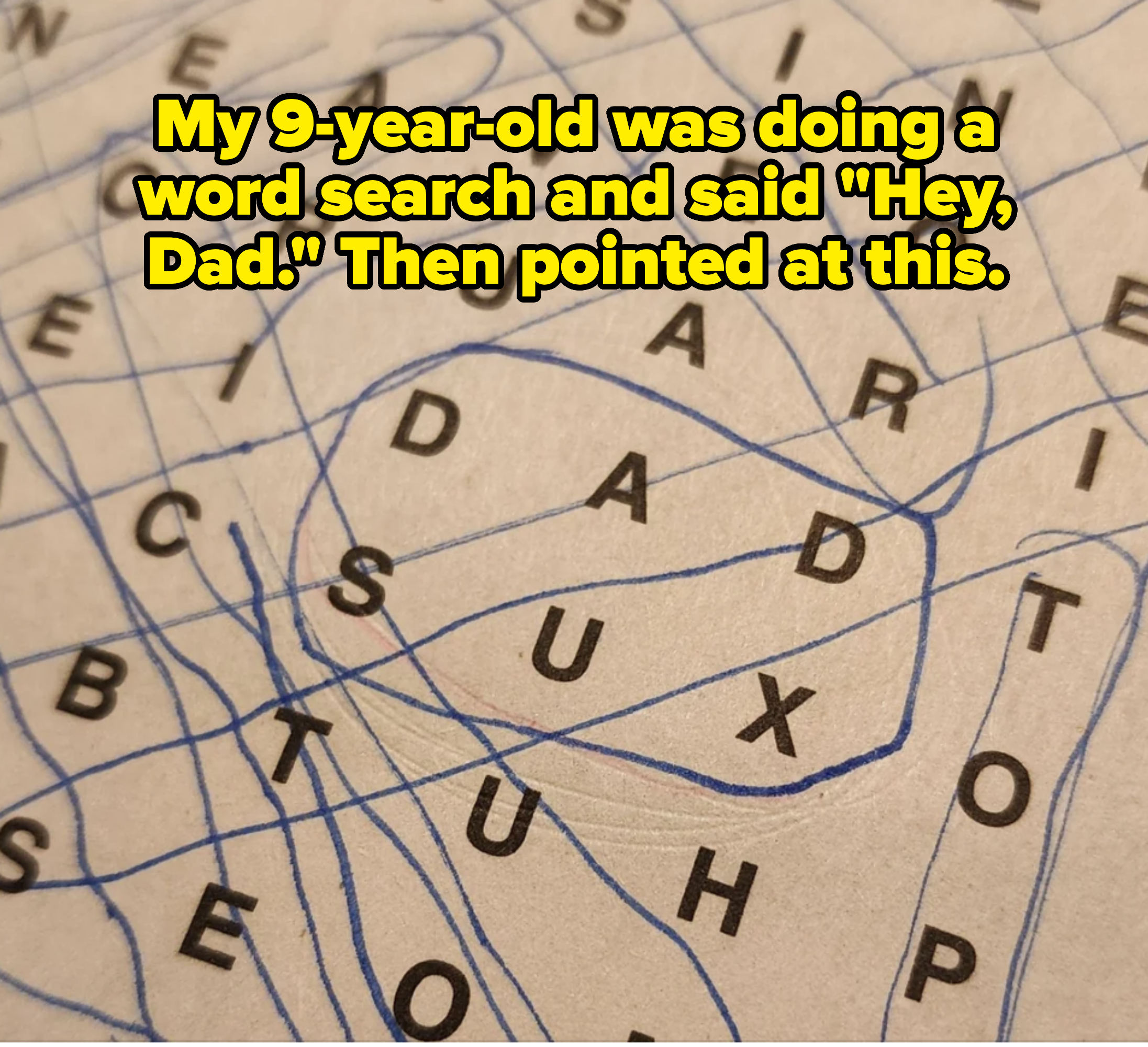 A portion of a word search puzzle with several words circled, including "DAD SUX"