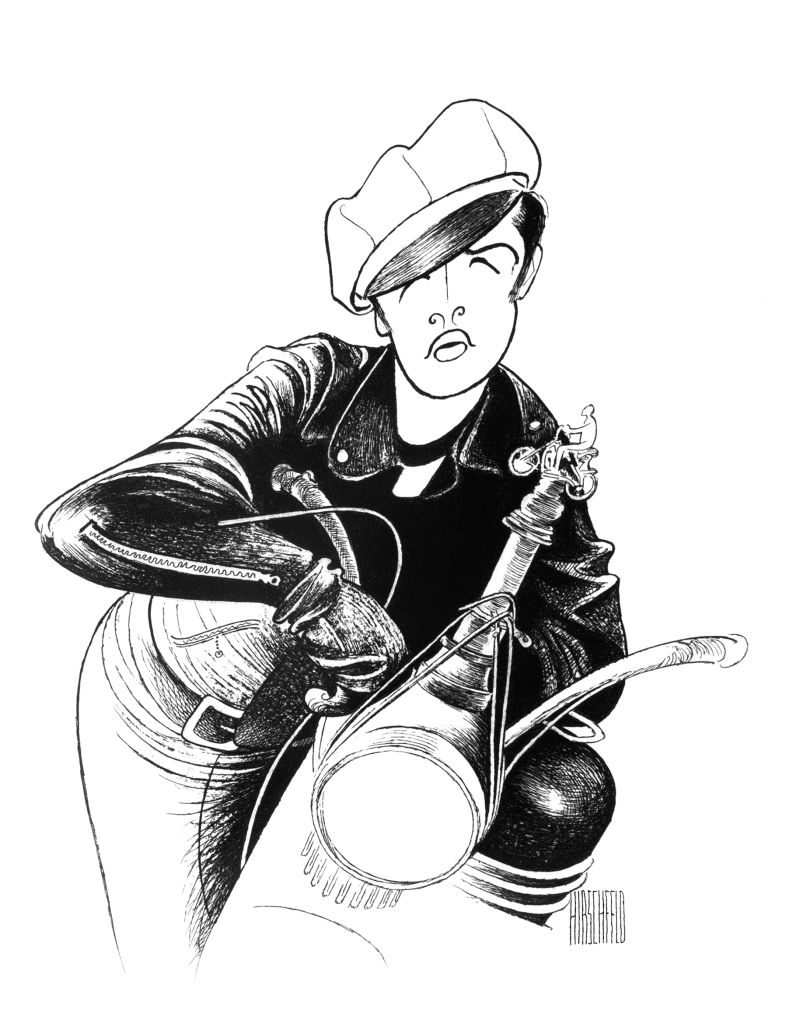 Cartoon of a person in a sailor hat, leather jacket, and jeans, holding a microphone stand, illustrated by Al Hirschfeld