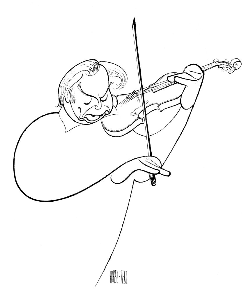 A caricature of famous violinist Itzhak Perlman passionately playing the violin, created by artist Al Hirschfeld