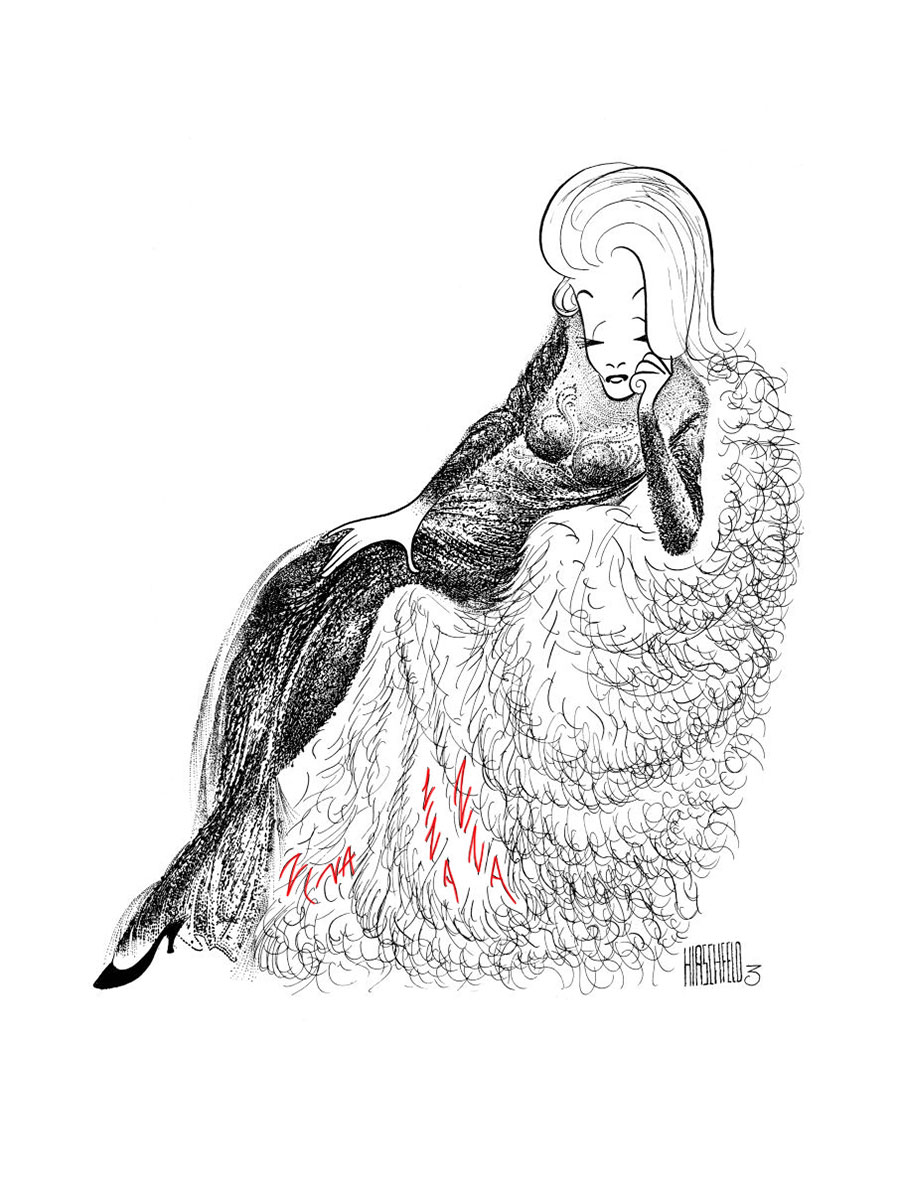 A caricature of a seated woman wearing a luxurious dress, pensively resting her head on her hand. The words "yuck" and "blah" are visible on the dress