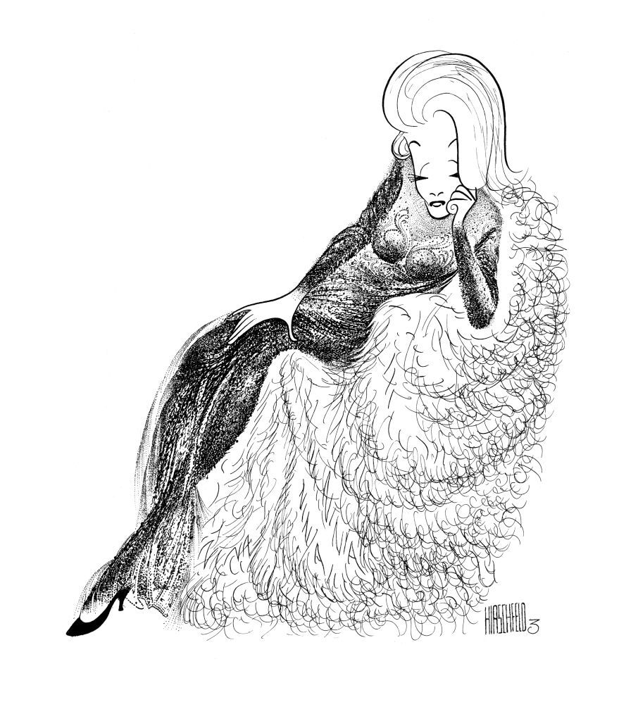 Illustration of a person reclining on a fluffy chair, wearing a glamorous, form-fitting outfit. The person is deep in thought. Artist's signature: Hirschfeld