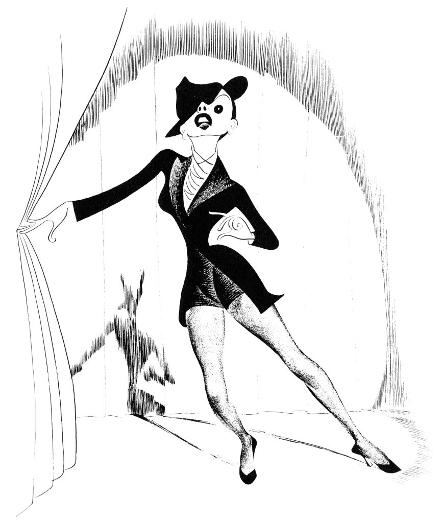 Illustration of a woman with short hair and a hat, wearing a stylish suit and heels, dramatically pulling back a curtain with a shadowed figure in the background