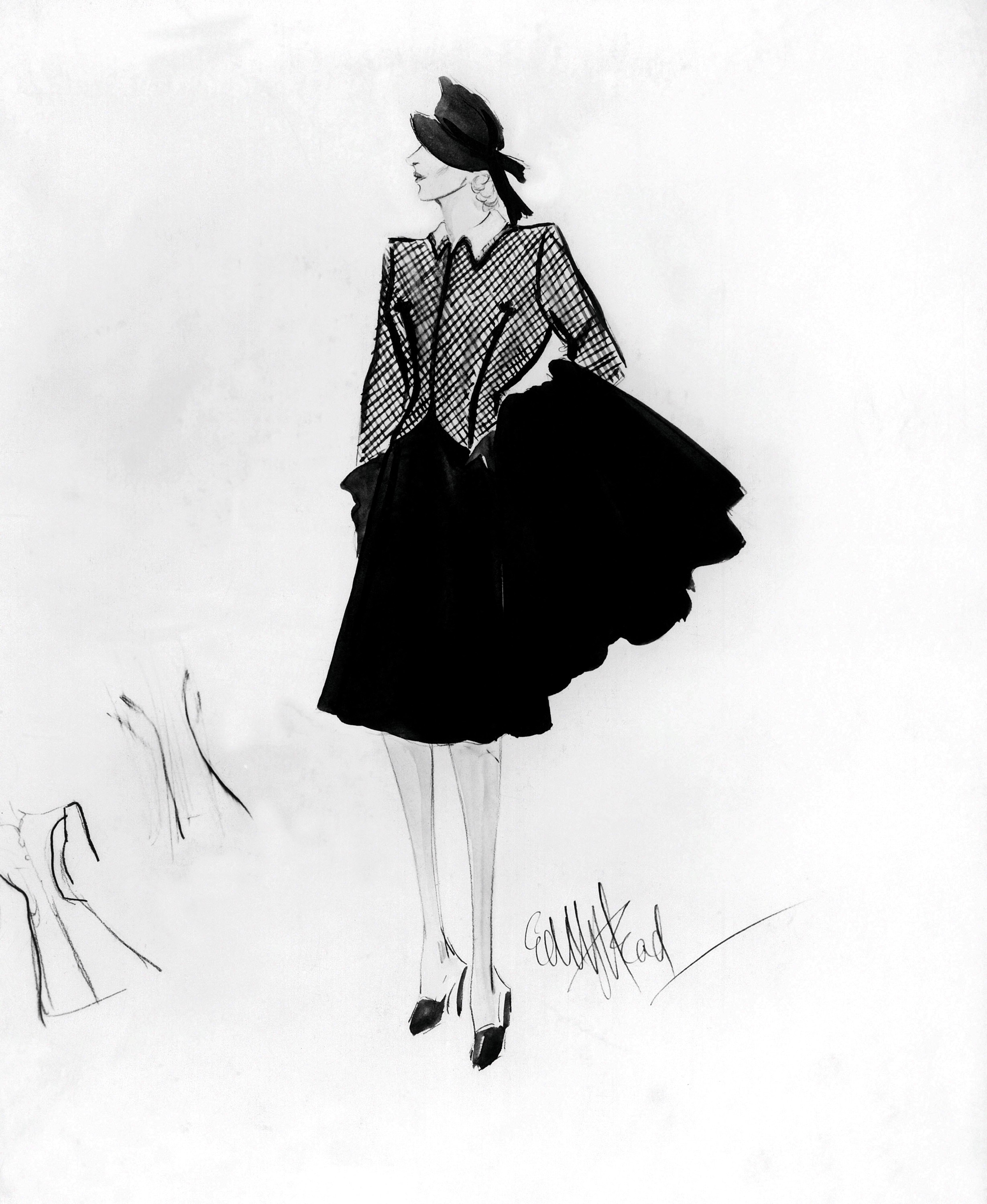 A fashion sketch by Edith Head, featuring a woman in a checkered blazer, knee-length skirt, and hat, signed by the designer