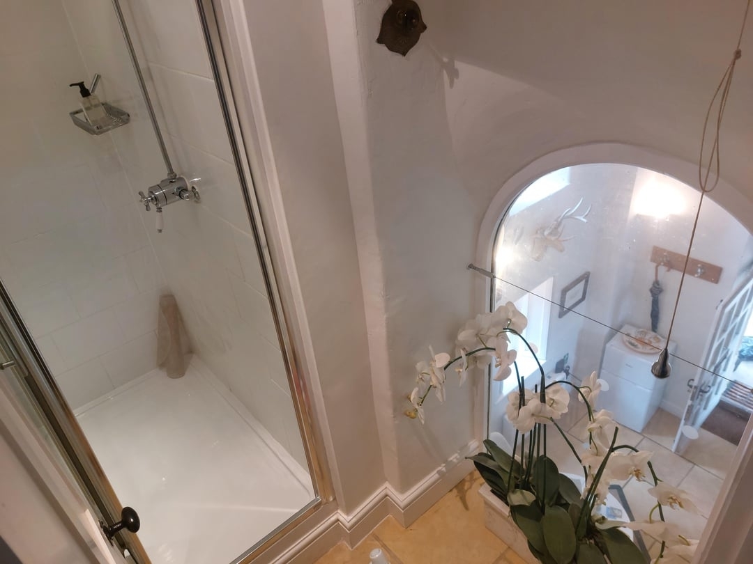 A bathroom with a glass-enclosed shower, white tiled walls, and a decorative white orchid plant beside a large arched mirror