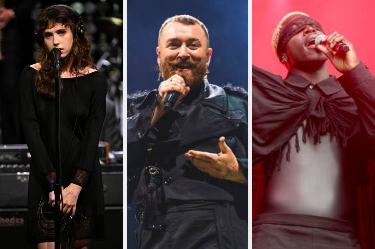(L-R) Clairo, Sam Smith, and Lil Nas X performing on stage, each singing into microphones