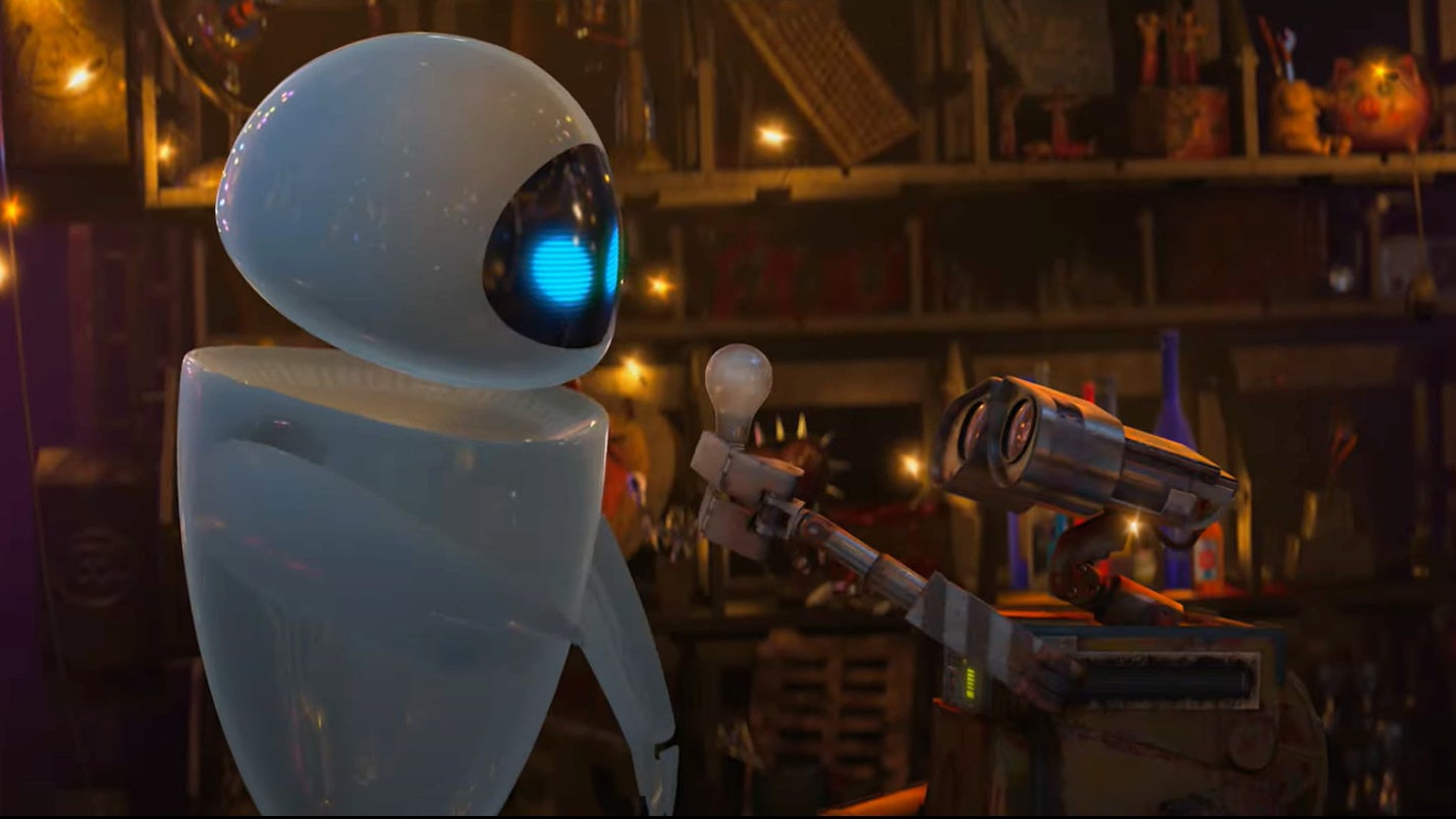 Wall-E showing Eve a lightbulb. 