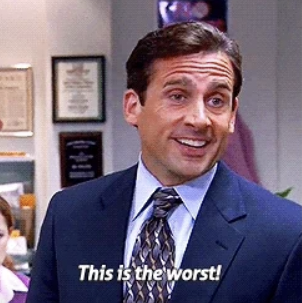 Steve Carell as Michael Scott smiling and saying "This is the worst!" in a scene from The Office